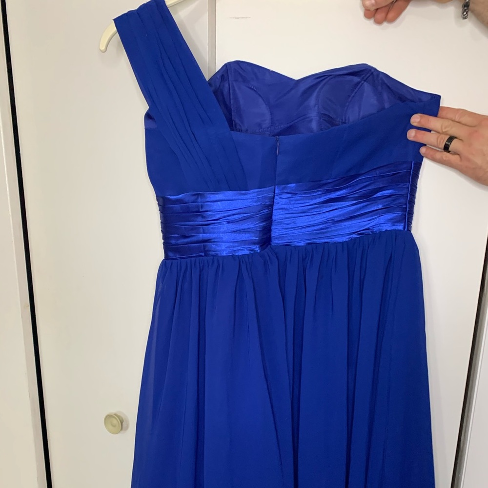 One shoulder Long royal blue gown with satin sash